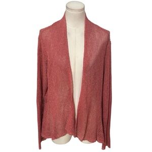 EILEEN FISHER Linen Blend Open Knit Rose Coral Cardigan Sweater Size L Work